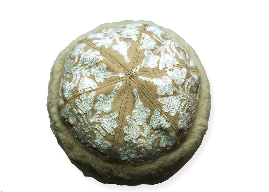 Handmade Ivory Suede Embroidered Cap/Hat