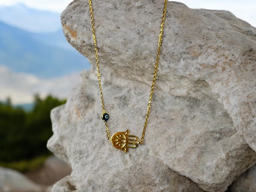 Sideways Hamsa Sterling Silver Necklace with Evil Eye