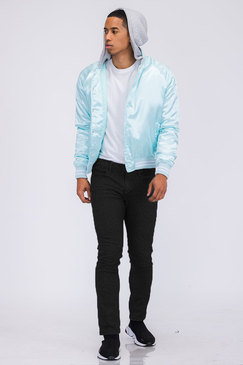 Satin Hooded Varsity Jacket Snap Button Closure BJ220