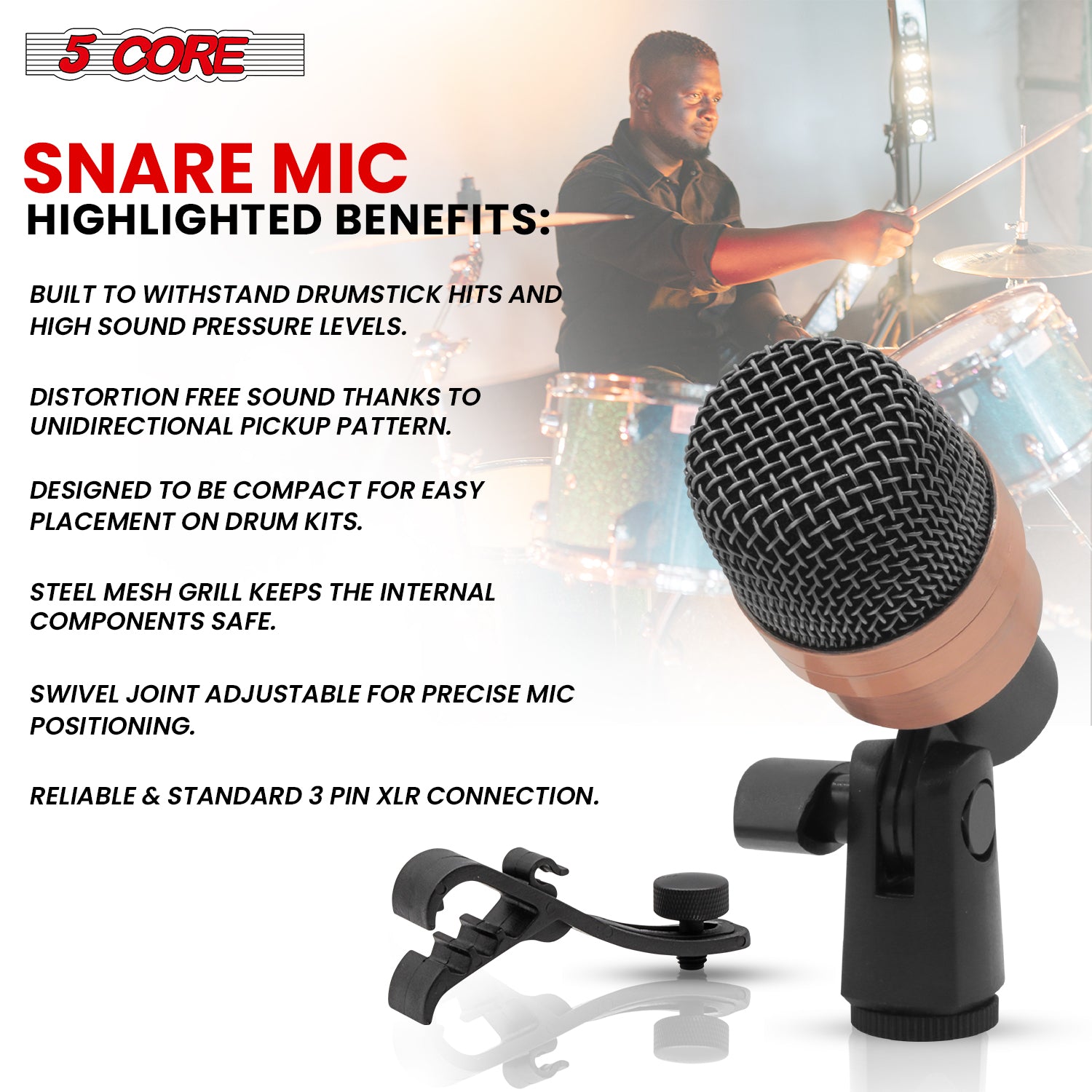 5 Core Snare Microphone XLR Wired Uni Directional Tom Drum and Other