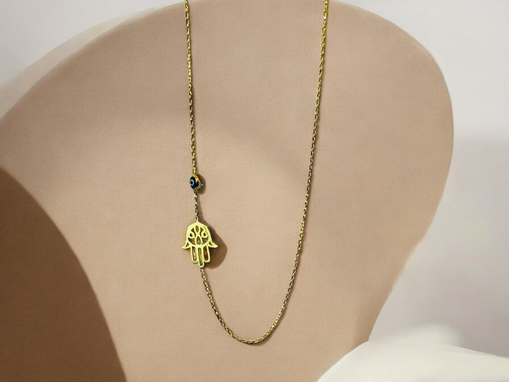 Sideways Hamsa Sterling Silver Necklace with Evil Eye