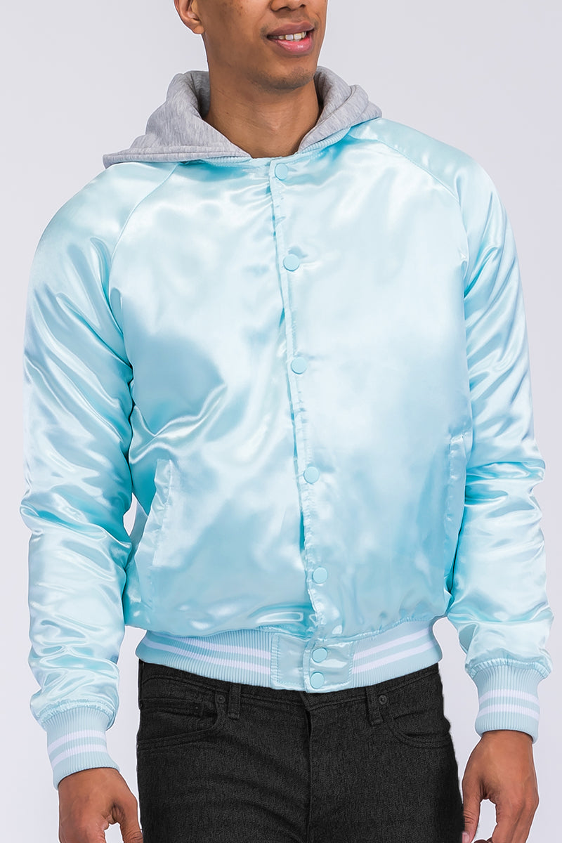 Satin Hooded Varsity Jacket Snap Button Closure BJ220