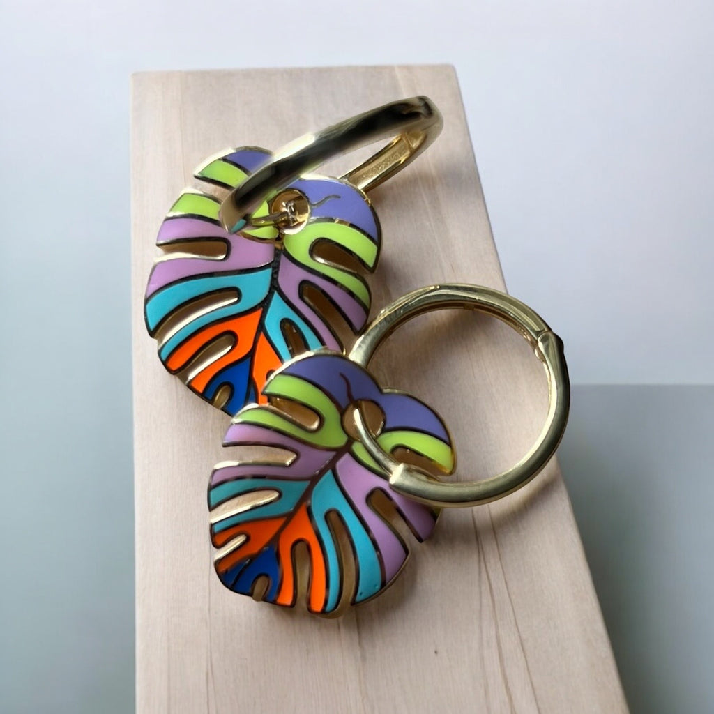 Colorful Palm Leaf Enamel Sterling Silver Drop Earrings