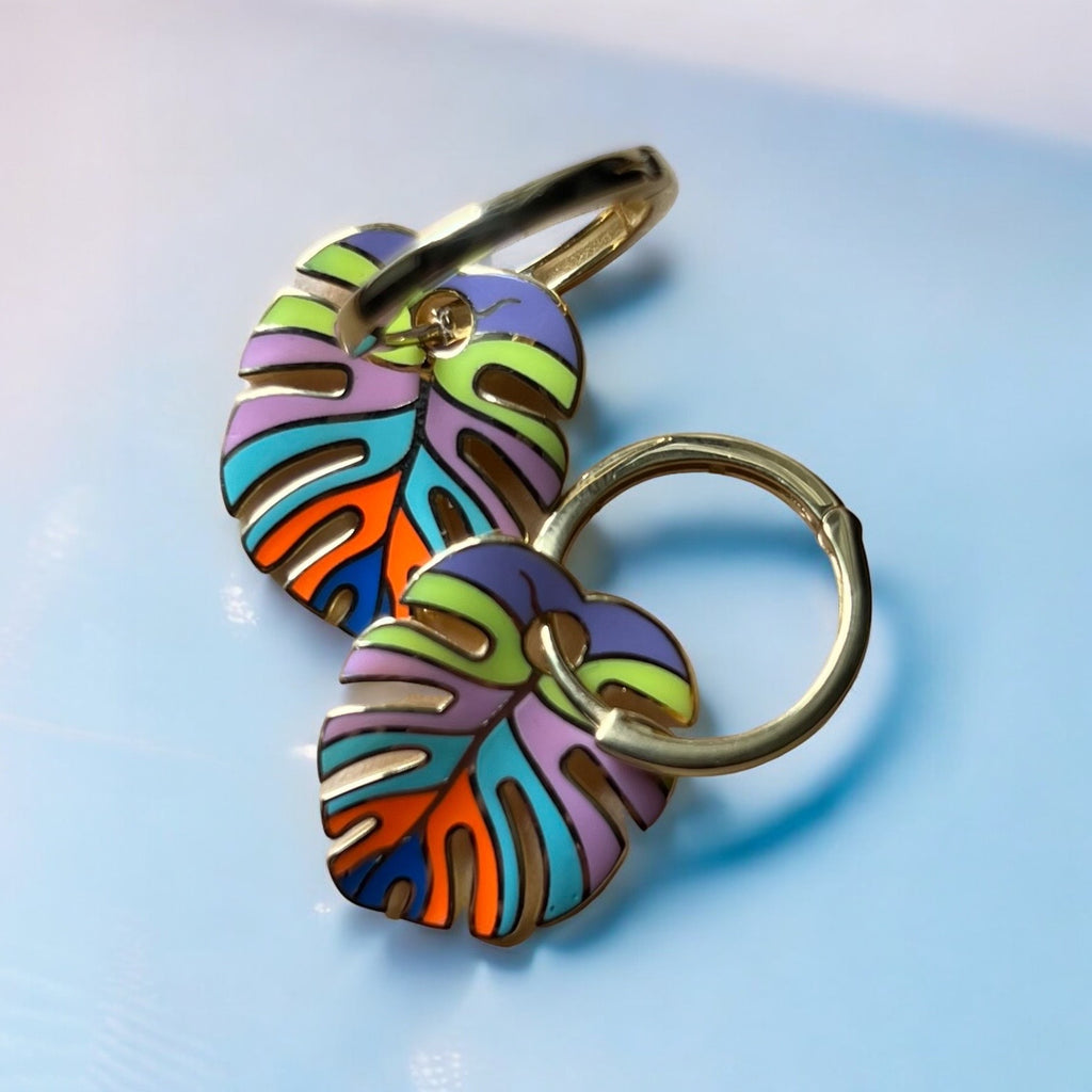 Colorful Palm Leaf Enamel Sterling Silver Drop Earrings