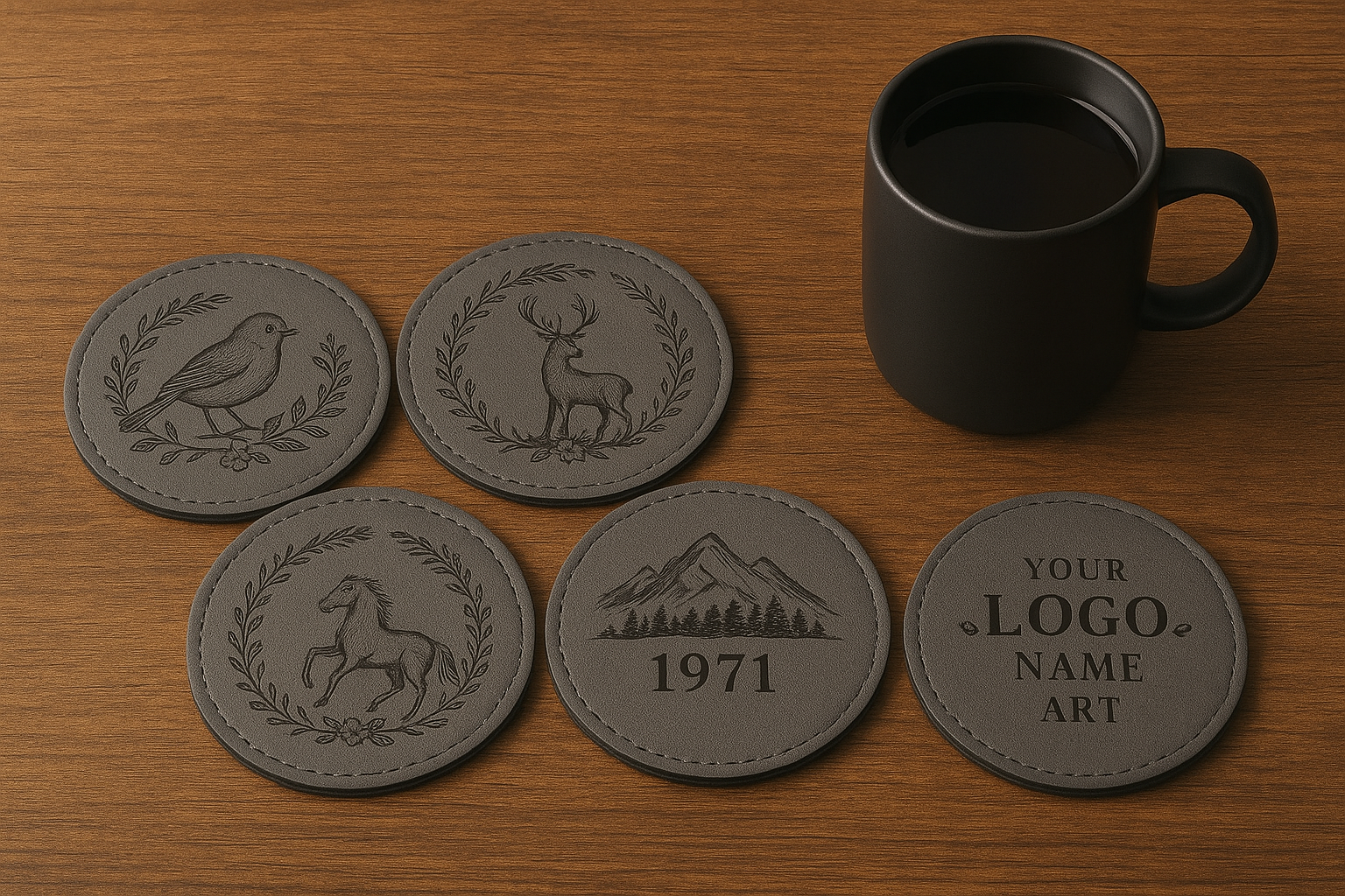 Premium 6-Piece Engraved Leather Coaster Set – Matte Grey (4-Inch)