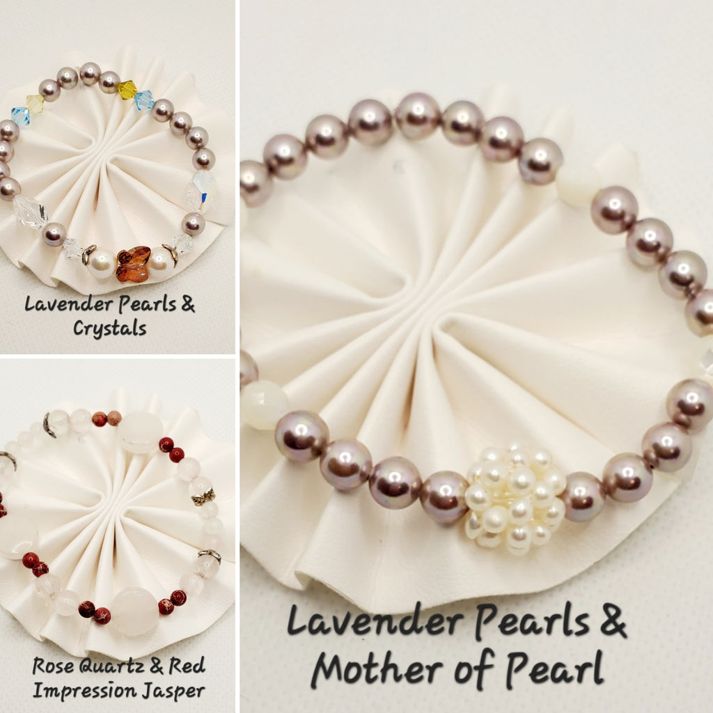 Saltwater Pearl with Crystal Beaded, Gemstone Beaded Stretch Bracelets