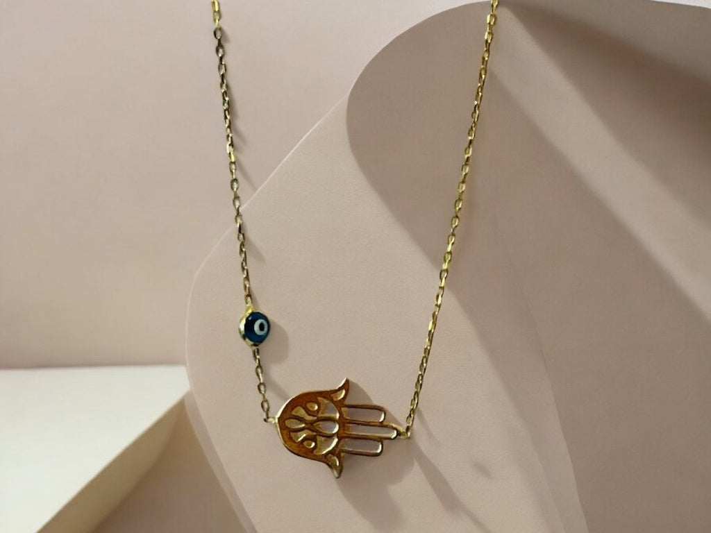 Sideways Hamsa Sterling Silver Necklace with Evil Eye
