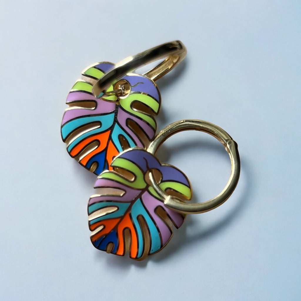 Colorful Palm Leaf Enamel Sterling Silver Drop Earrings
