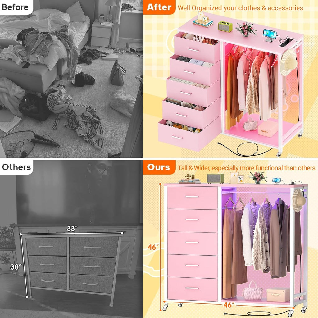 Dresser for Bedroom with Clothes Rack, 5 Drawers Dresser with Charging