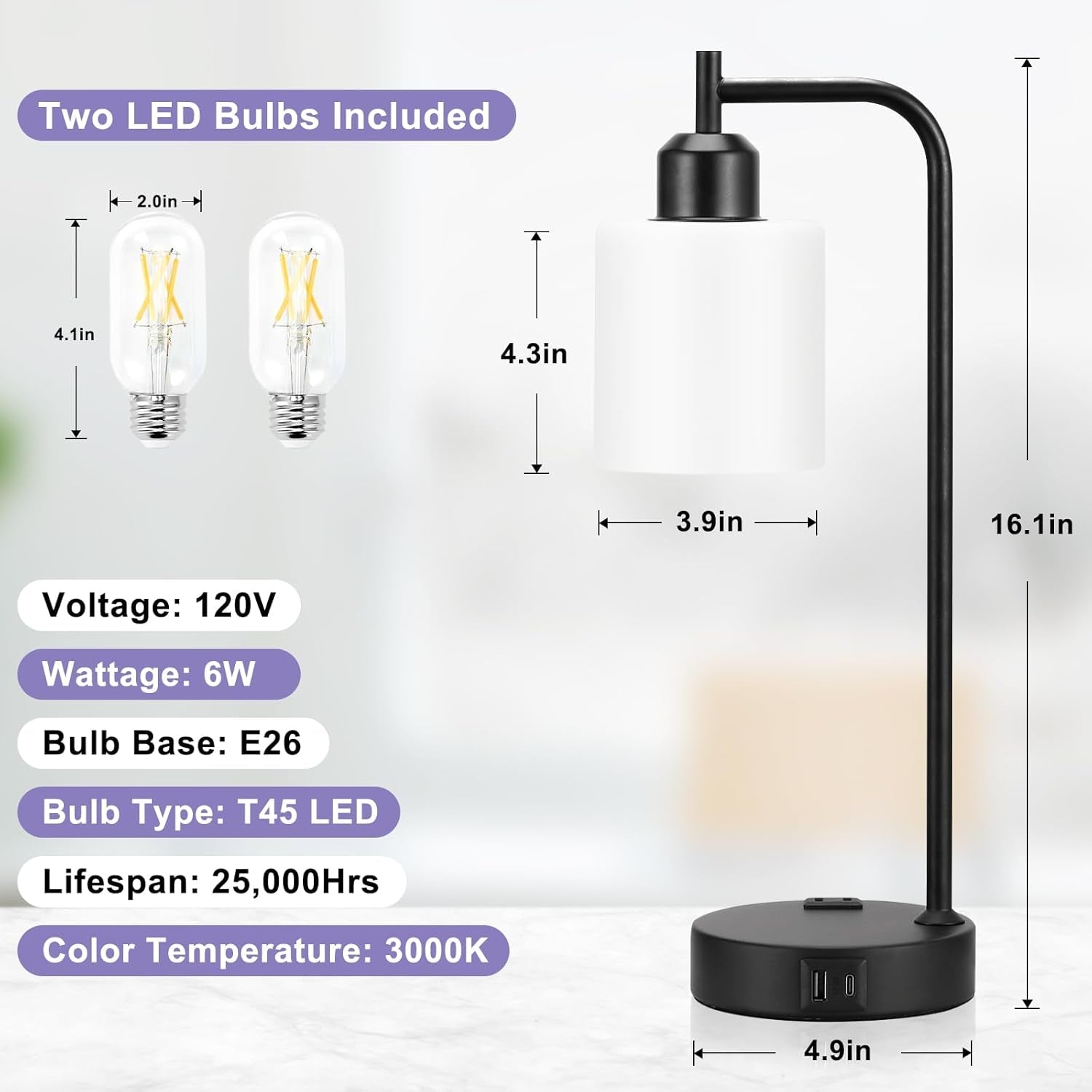 Industrial Touch Bedside Lamps for Bedrooms Set of 2 - 3-Way Dimmable