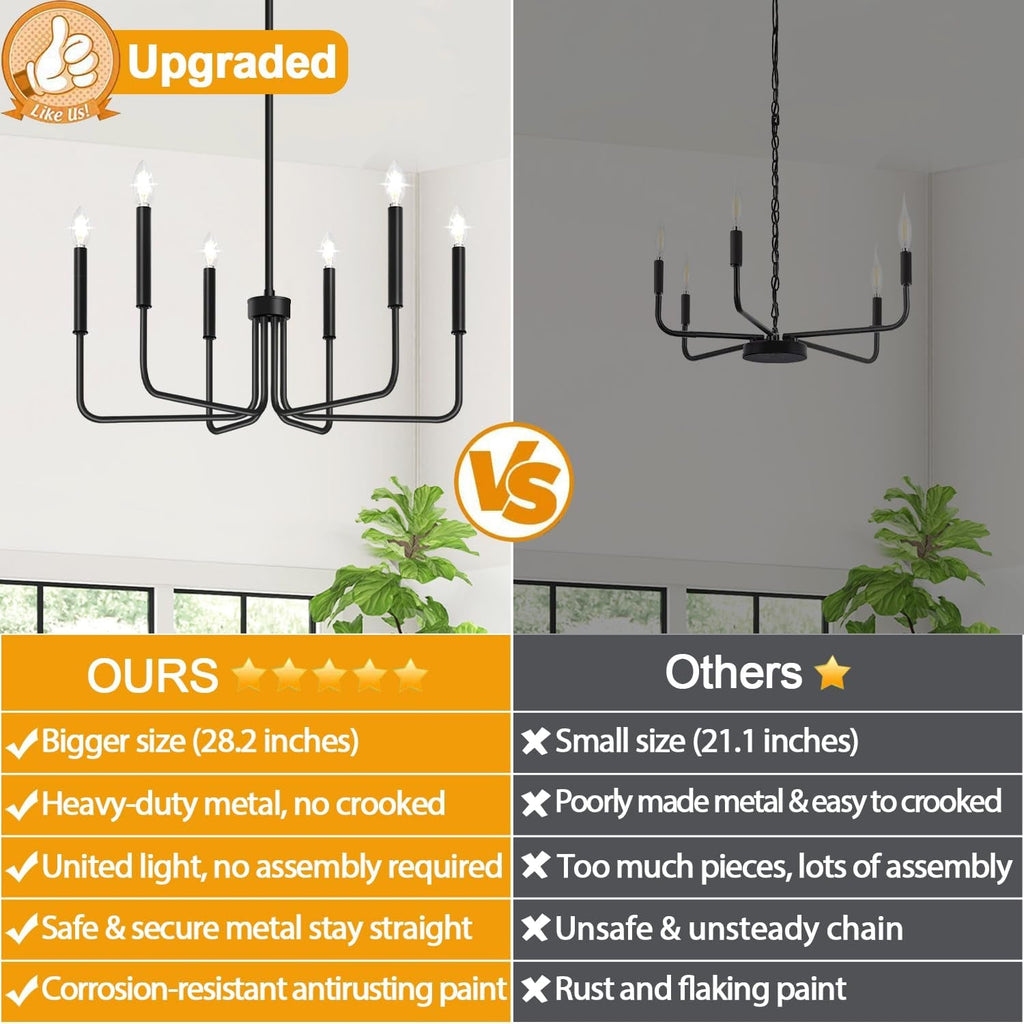 Black Chandelier, 6-Light Farmhouse Chandelier for Dining Room