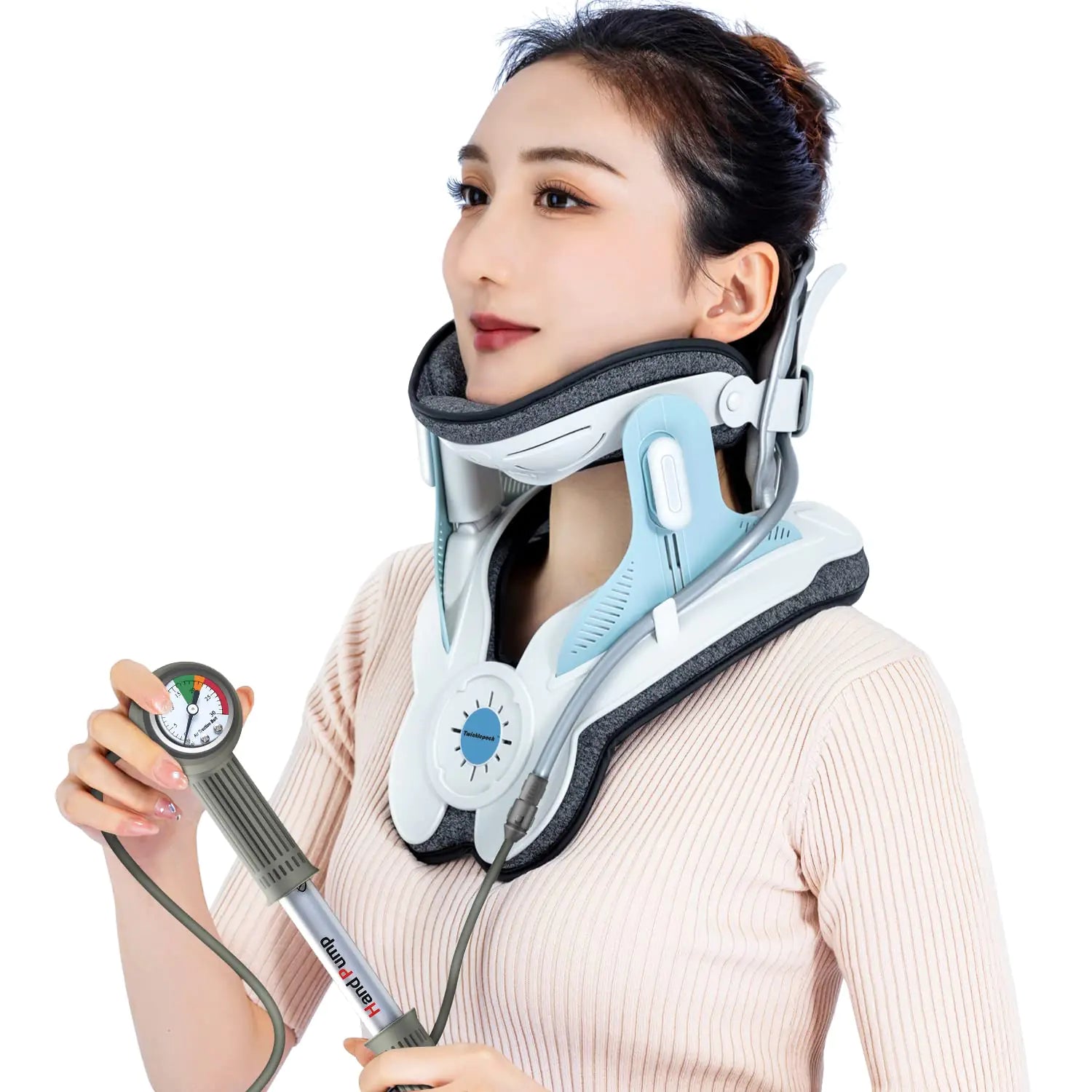 Cervical Neck Traction Device Adjustable Cervical Traction Device with 3 Power Tractions and 8 Built-in Airbag Support Neck Pain Relief and Relaxation(Blue)
