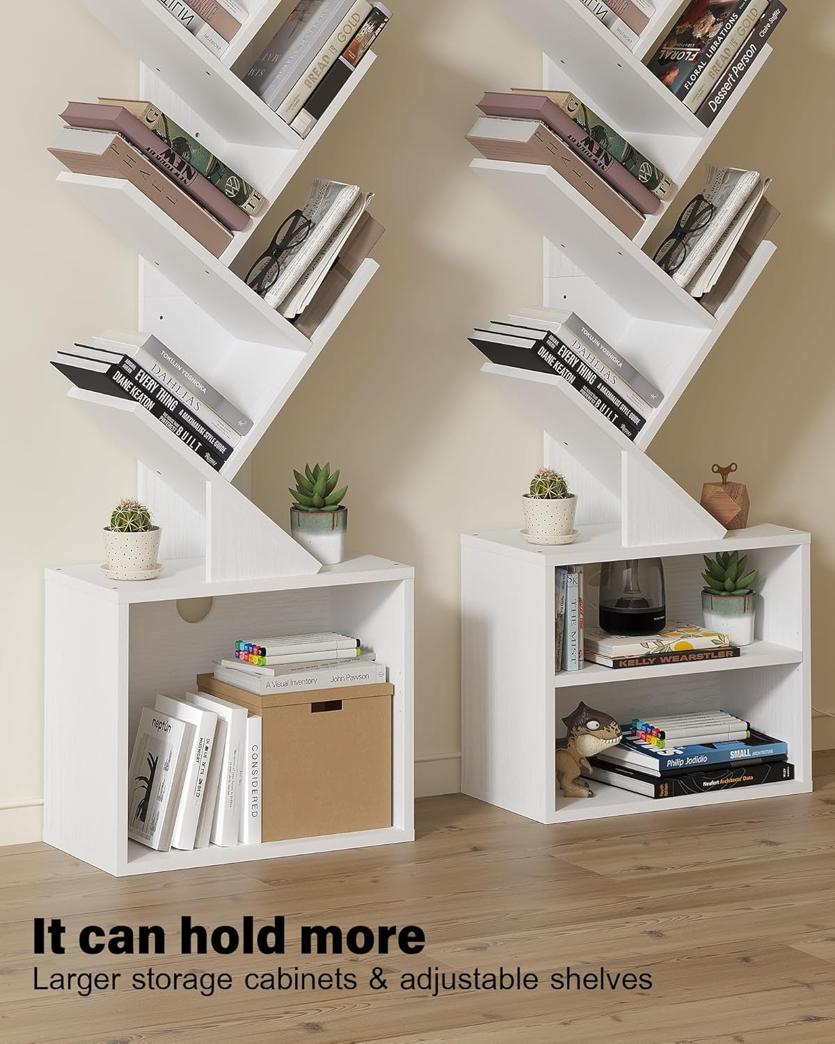 6 Tier Tree Bookshelf, Tall Bookcase with Storage Cabinet, Modern