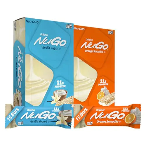 NuGo Original Variety Vanilla Yogurt 15 bars & Orange Smoothie 15 bars 11g Protein Gluten Free 30 Count