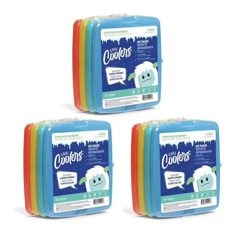 Cool Coolers by Fit & Fresh 4 Pack Slim Ice Packs Quick Freeze Space Saving Reusable Ice Packs for Lunch Boxes or Coolers Multi Colored 3 Packs of 4