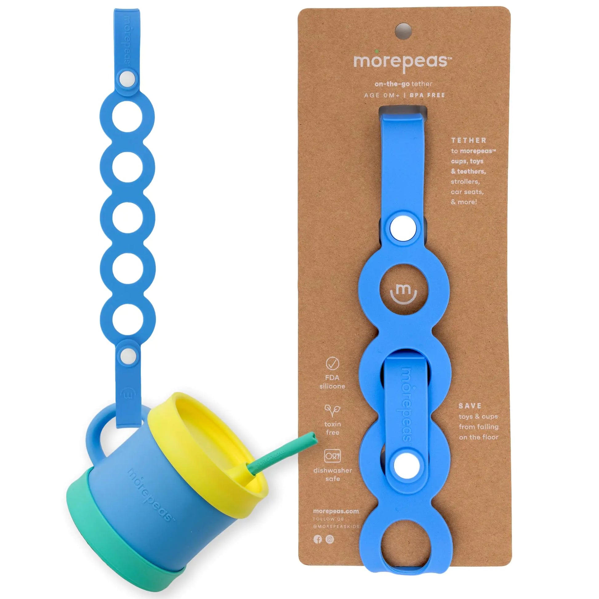 morepeas On-The-Go Tether - Stretchable Silicone Teether & Pacifier Clip - Baby Travel Essential - Stroller Car Seat & Highchair Accessory