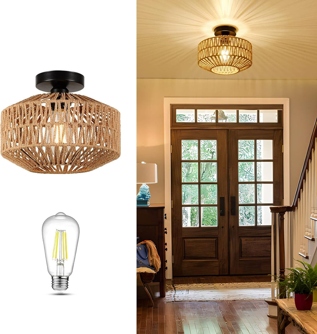 Mini Rattan Ceiling Light Fixture With Dimmable LED Bulb