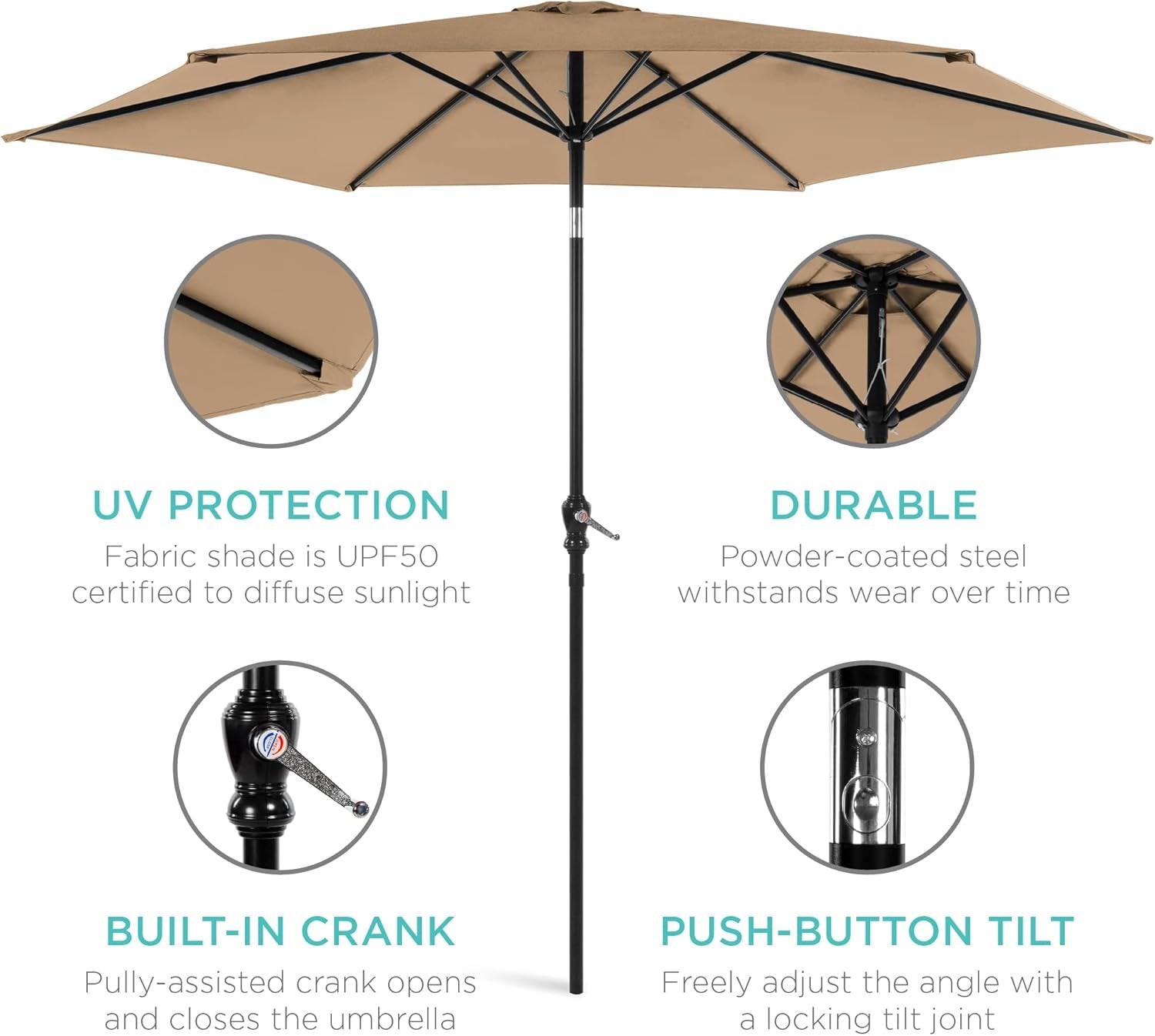 10Ft Outdoor Steel Polyester Market Patio Umbrella W/Crank, Easy Push