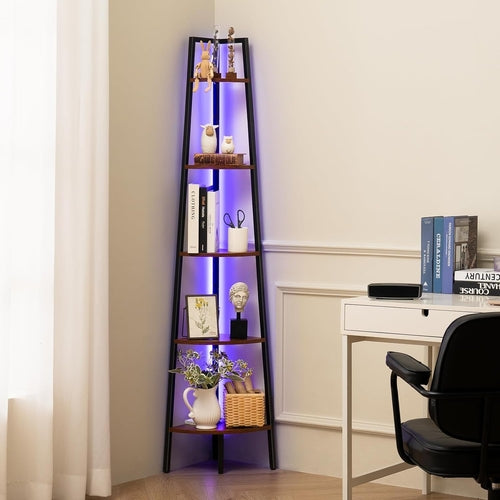 Corner Shelf Stand, 5-Tier Corner Bookshelf with LED Light Corner