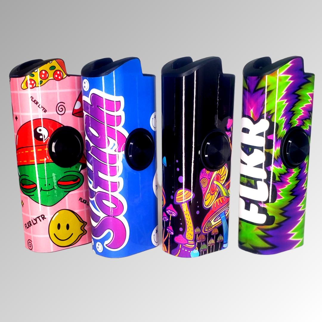 FLKR LYTR® Amazon Prime Fidget Spinner Lighter Case 4 pack for Bic Lighter® Case Pink Alien, Trippy, Large Mushroom Garden, So High