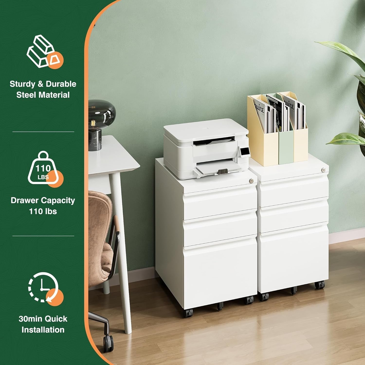 3 Drawer Mobile File Cabinet with Lock, under Desk Metal Filing