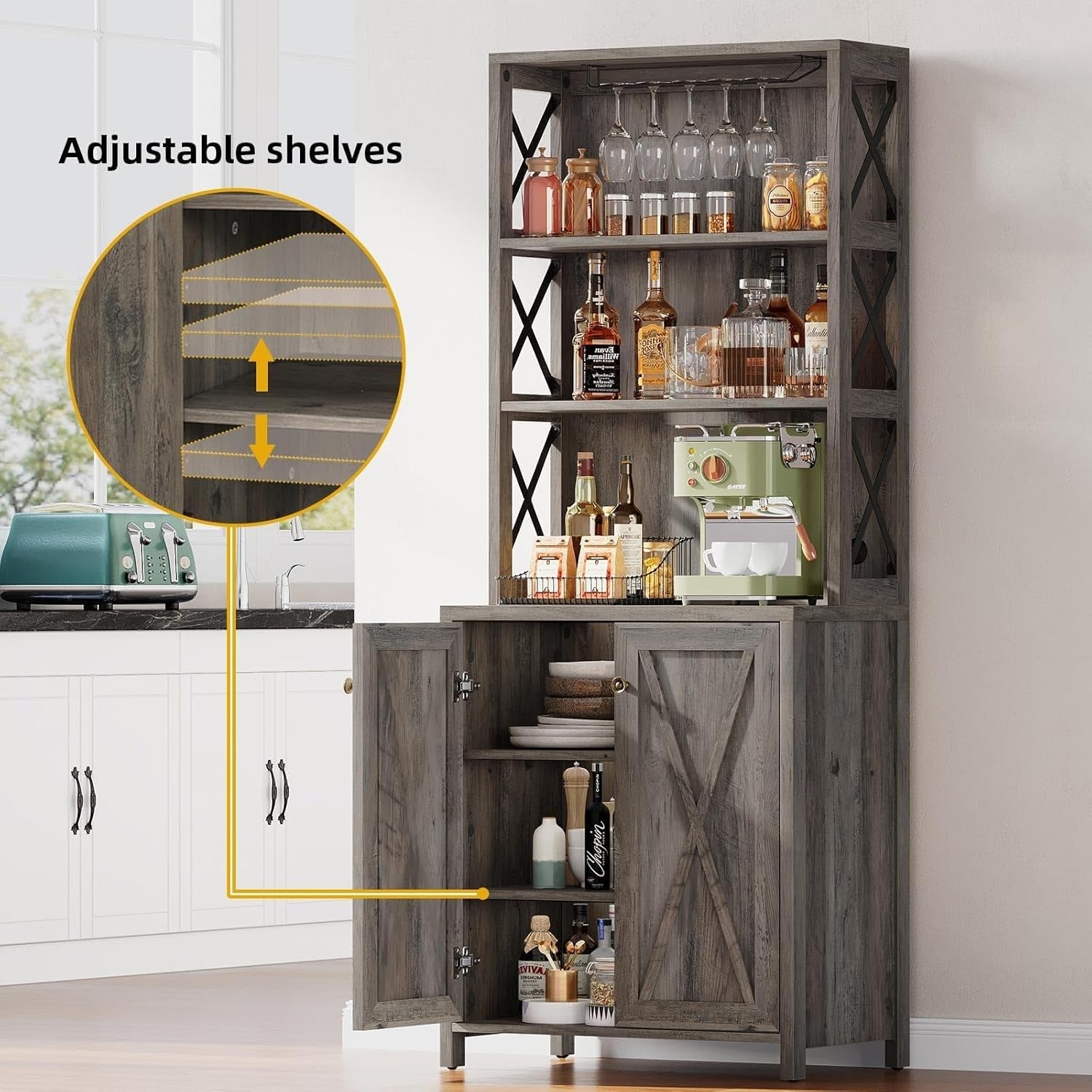 67" Farmhouse Wine Bar Cabinet Liquor Glasses Grey