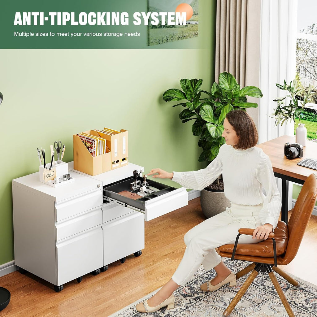 3 Drawer Mobile File Cabinet with Lock, under Desk Metal Filing