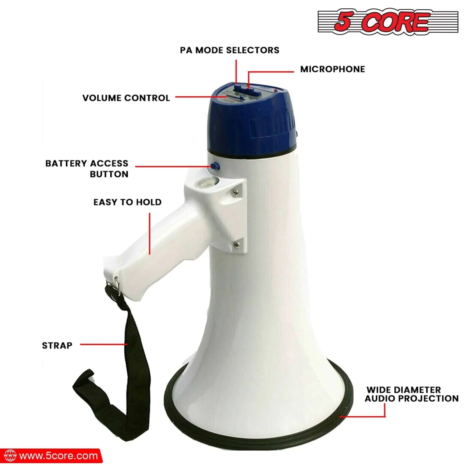 5Core Megaphone Bullhorn Speaker 20W Bull Horn Battery Power Cheer