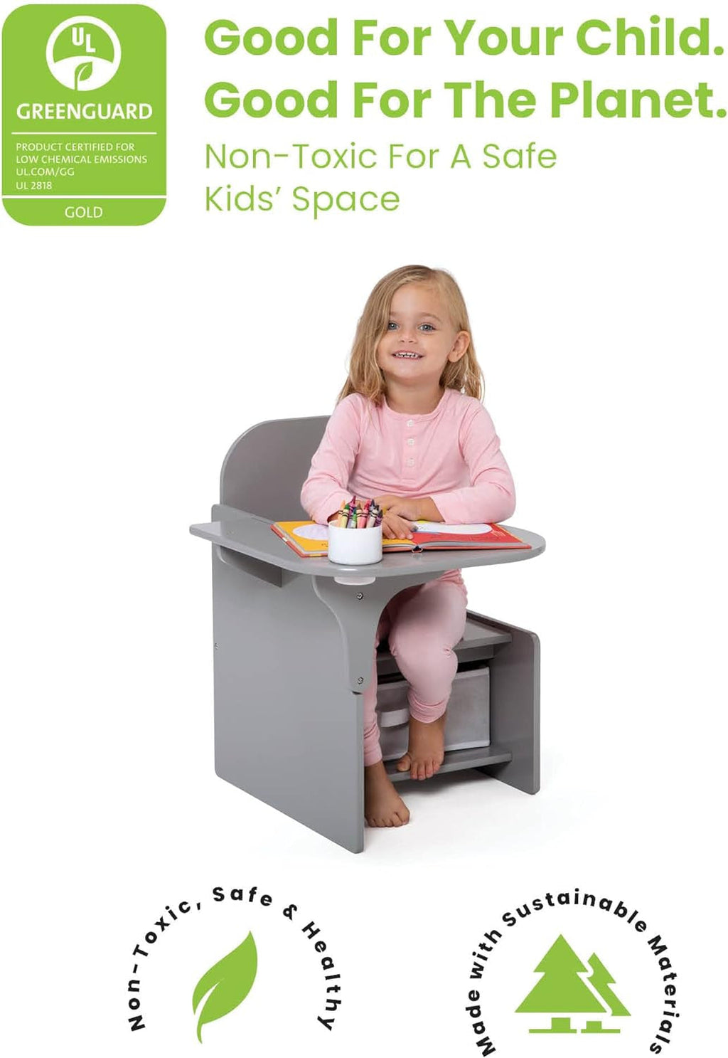 Mysize Chair Desk with Storage Bin, Grey