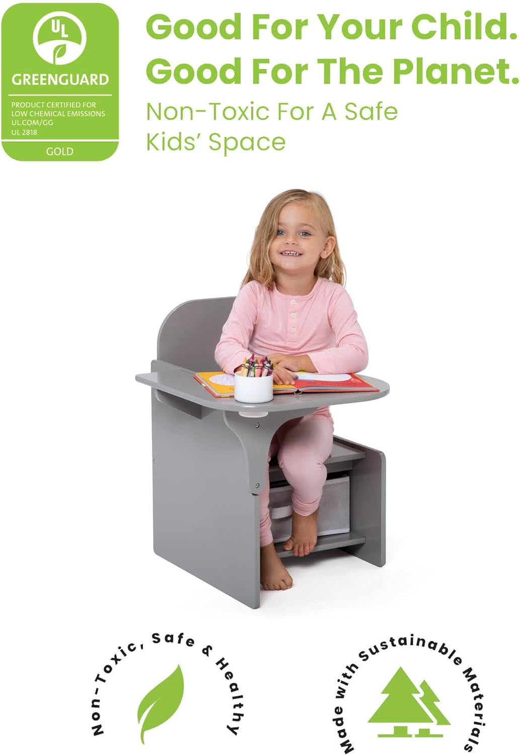 Mysize Chair Desk with Storage Bin, Grey
