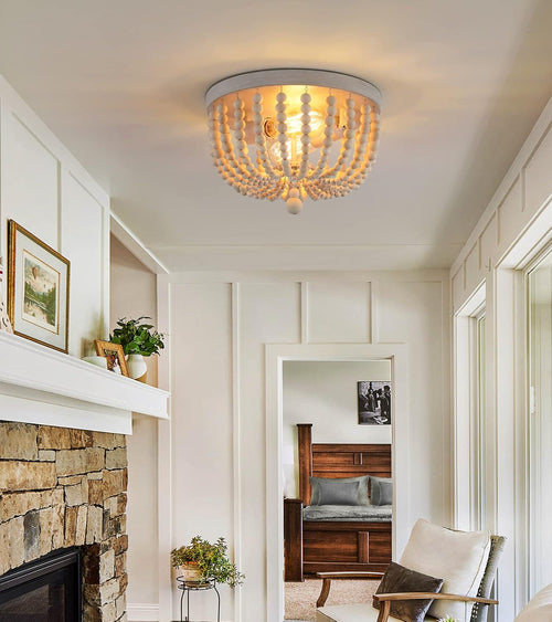 Boho Wood Beaded Flush Mount Chandelier Oak Finish 2 Lights