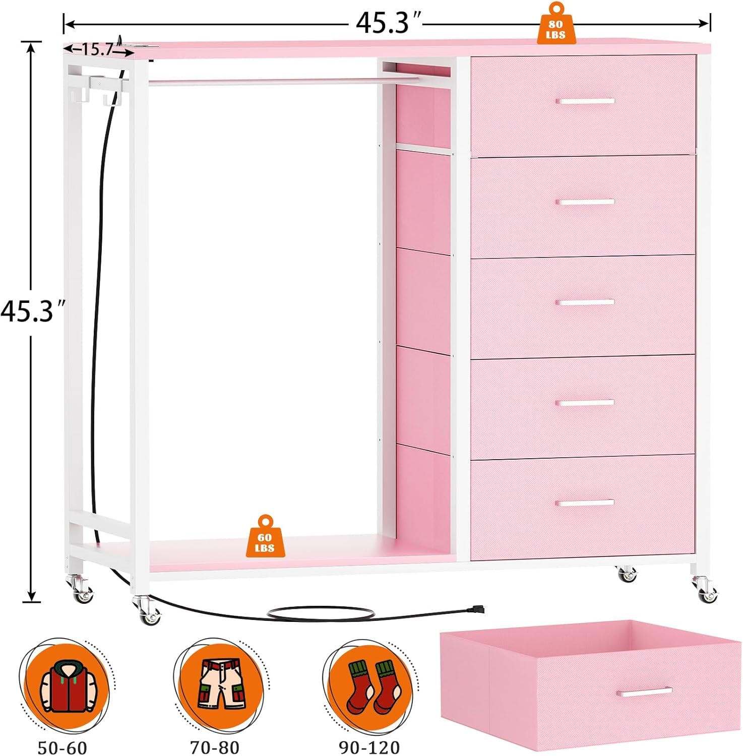 Dresser for Bedroom with Clothes Rack, 5 Drawers Dresser with Charging