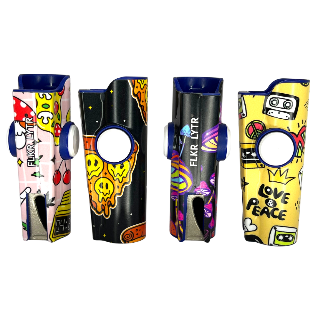 FLKR LYTR® Fidget Spinner Lighter Case for Clipper Lighter® Case fidget spinner lighter case 4PACK - High Alien, Pizza Melt, Mushrooms, Love & Peace