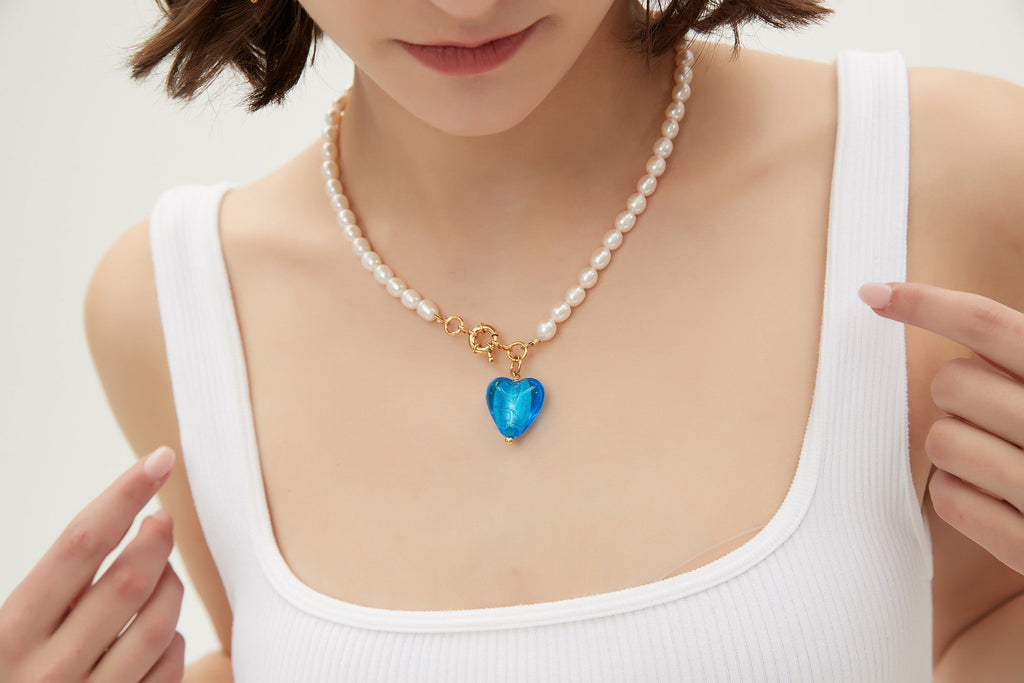 Esmée Sky Blue Glaze Heart Pendant Pearl Necklace