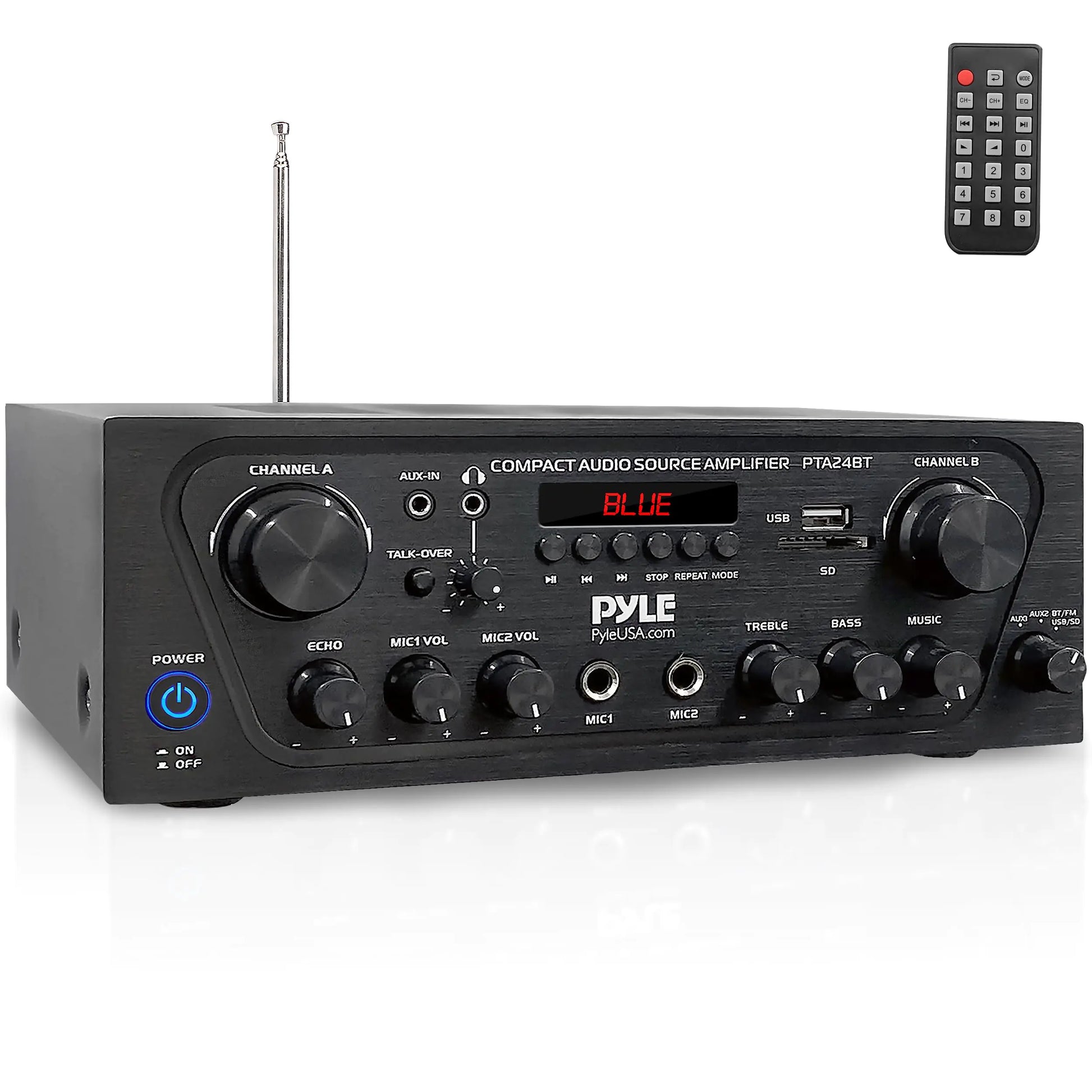 Pyle -Upgraded- 2 Channel Karaoke Home Audio Amplifier w/Bluetooth for Streaming AUX-in USB 2 Microphone Input w/Echo Effect Talkover for PA Compact Footprint Black