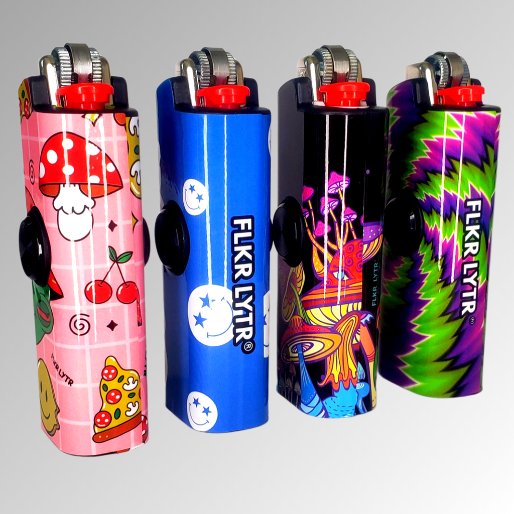 FLKR LYTR® Amazon Prime Fidget Spinner Lighter Case 4 pack for Bic Lighter® Case Pink Alien, Trippy, Large Mushroom Garden, So High