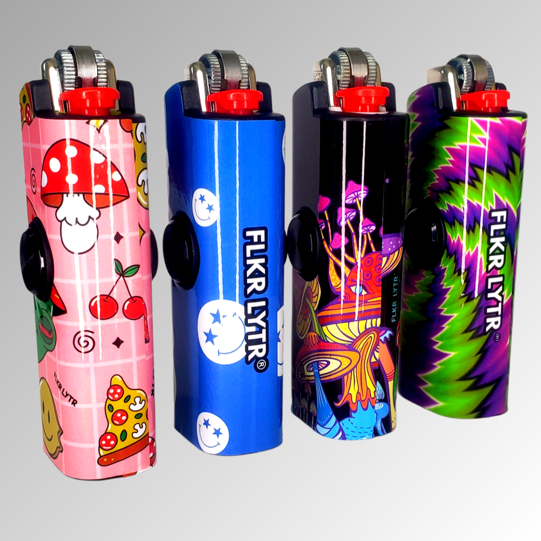 FLKR LYTR® Amazon Prime Fidget Spinner Lighter Case 4 pack for Bic Lighter® Case Pink Alien, Trippy, Large Mushroom Garden, So High
