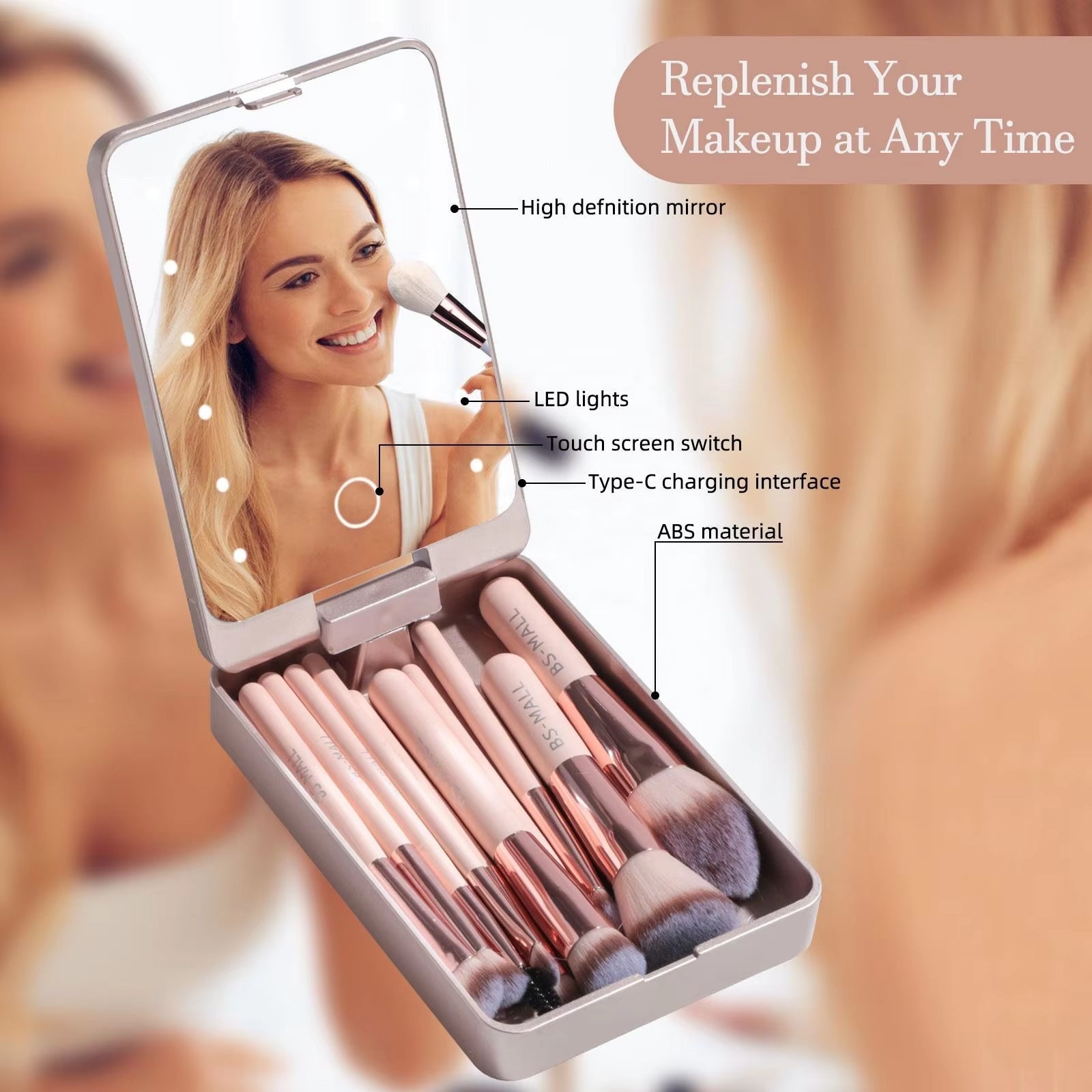 14PCS Travel Makeup Brush Set LED Light Mirror Private Label Portable