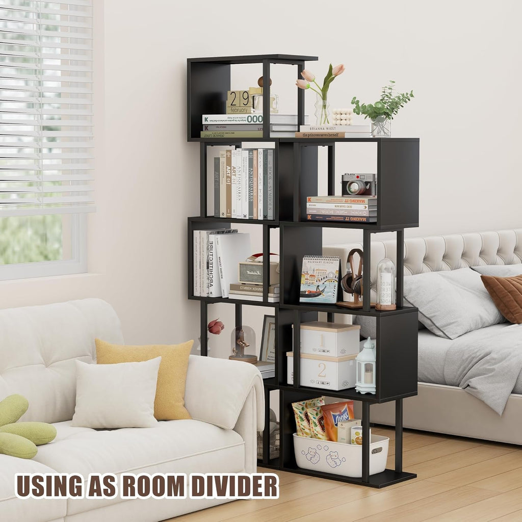 5-Tier Bookshelf, Tall S-Shaped Geometric Bookcase, Wood and Metal