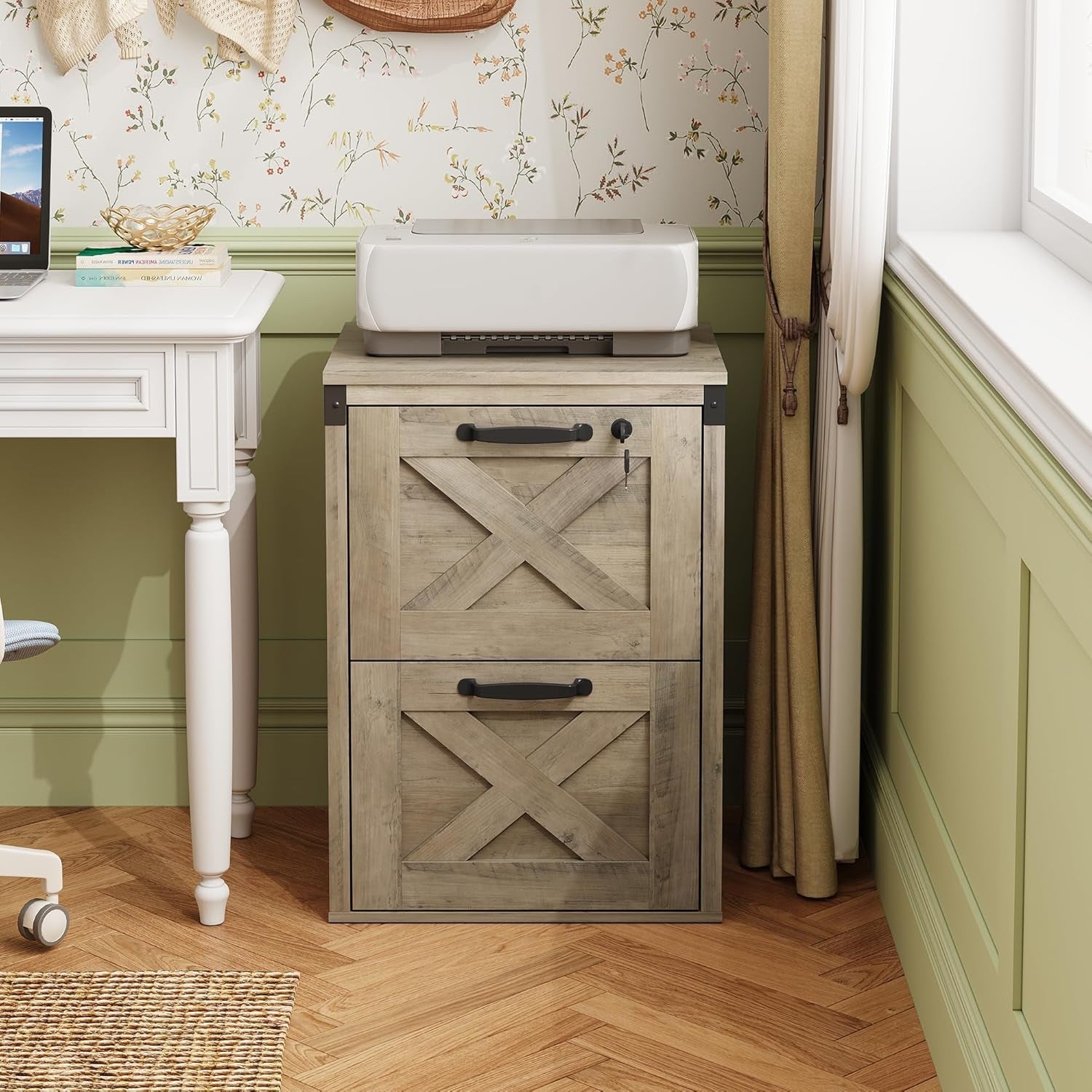2 Drawer File Cabinet With Lock Gray Oak Farmhouse Home Office Printer