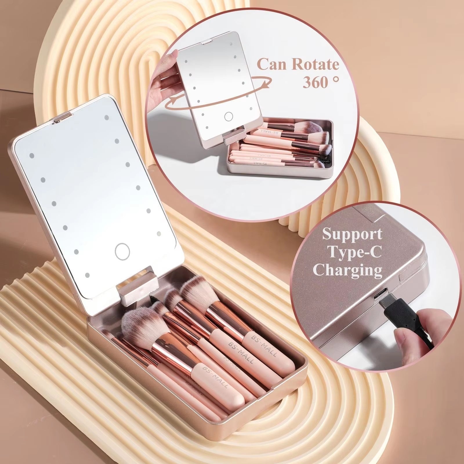 14PCS Travel Makeup Brush Set LED Light Mirror Private Label Portable