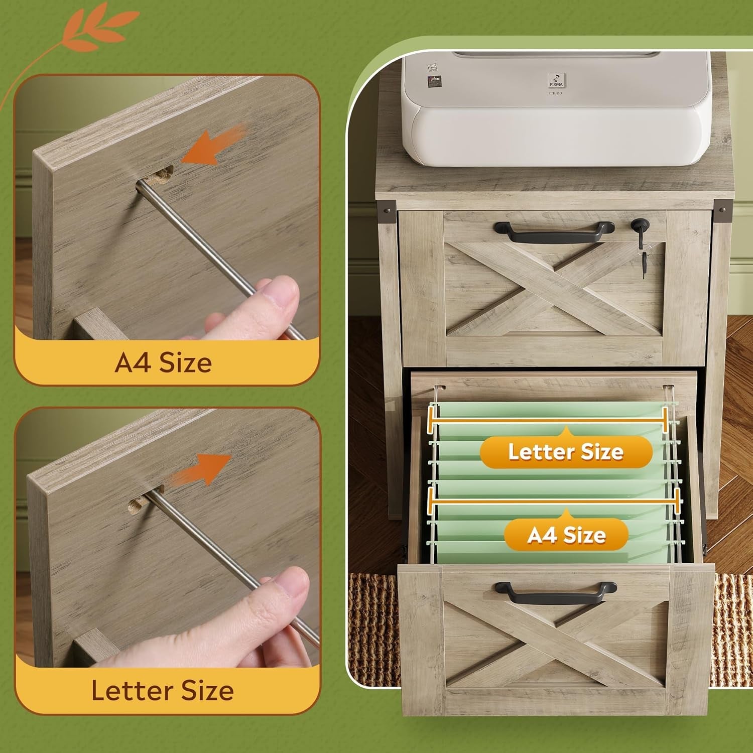 2 Drawer File Cabinet With Lock Gray Oak Farmhouse Home Office Printer