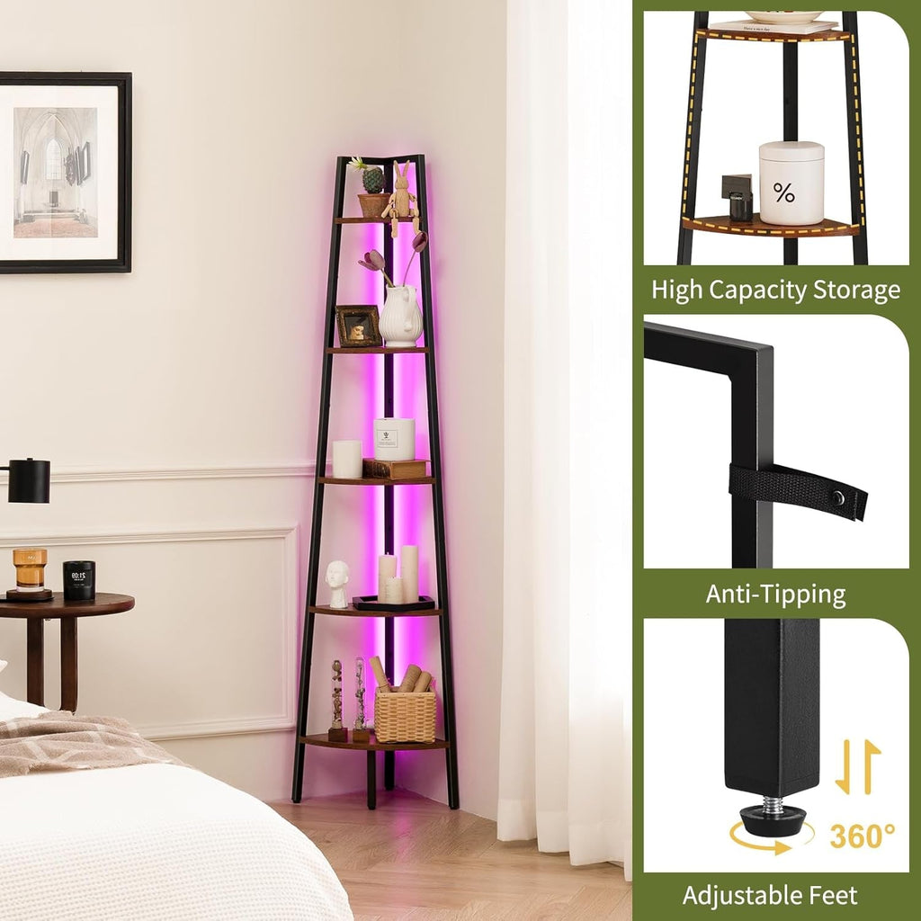 Corner Shelf Stand, 5-Tier Corner Bookshelf with LED Light Corner