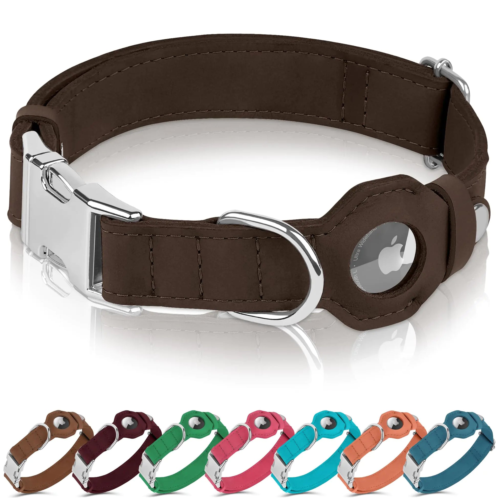 BUDKAS Leather Dog Collar with Airtag Holder - Soft Adjustable Airtag Dog Collar with Metal Buckle - GPS Tracking Pet Collar for Small Large Dogs Puppies Cats (Brown XS 9"-12" Neck Fit)
