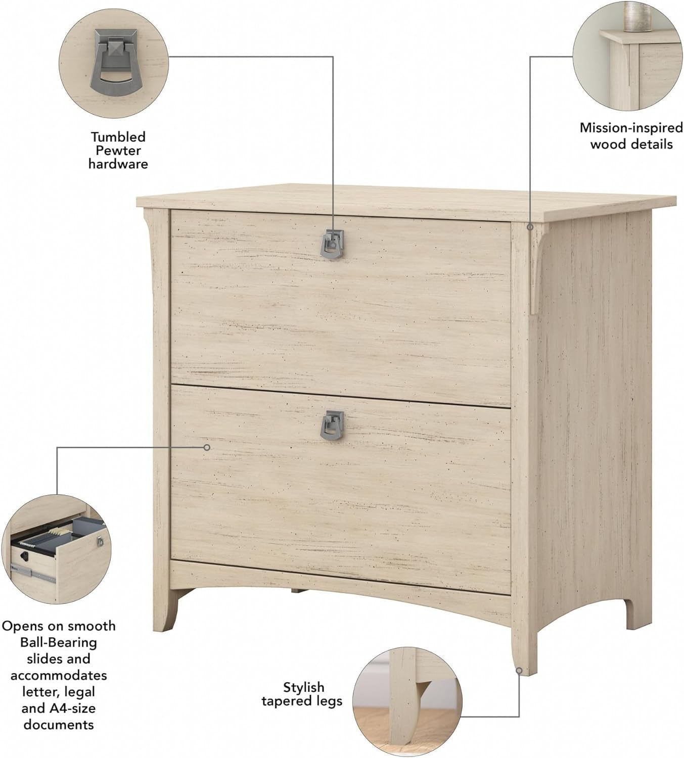Bush Furniture Salinas 2 Drawer Lateral File Cabinet in Antique White,