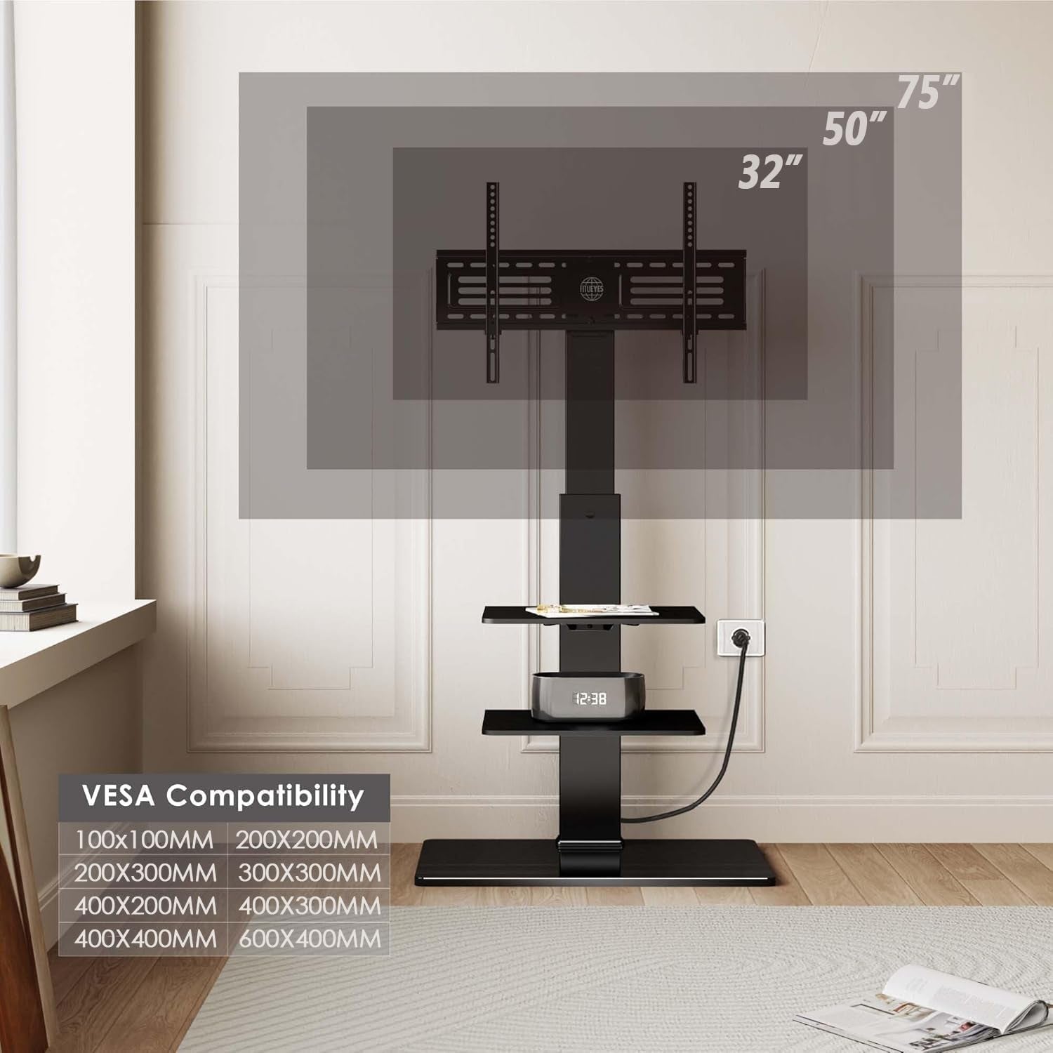 Floor TV Stand with Power Strip for Tvs 32-75 Inch Tvs, Universal TV