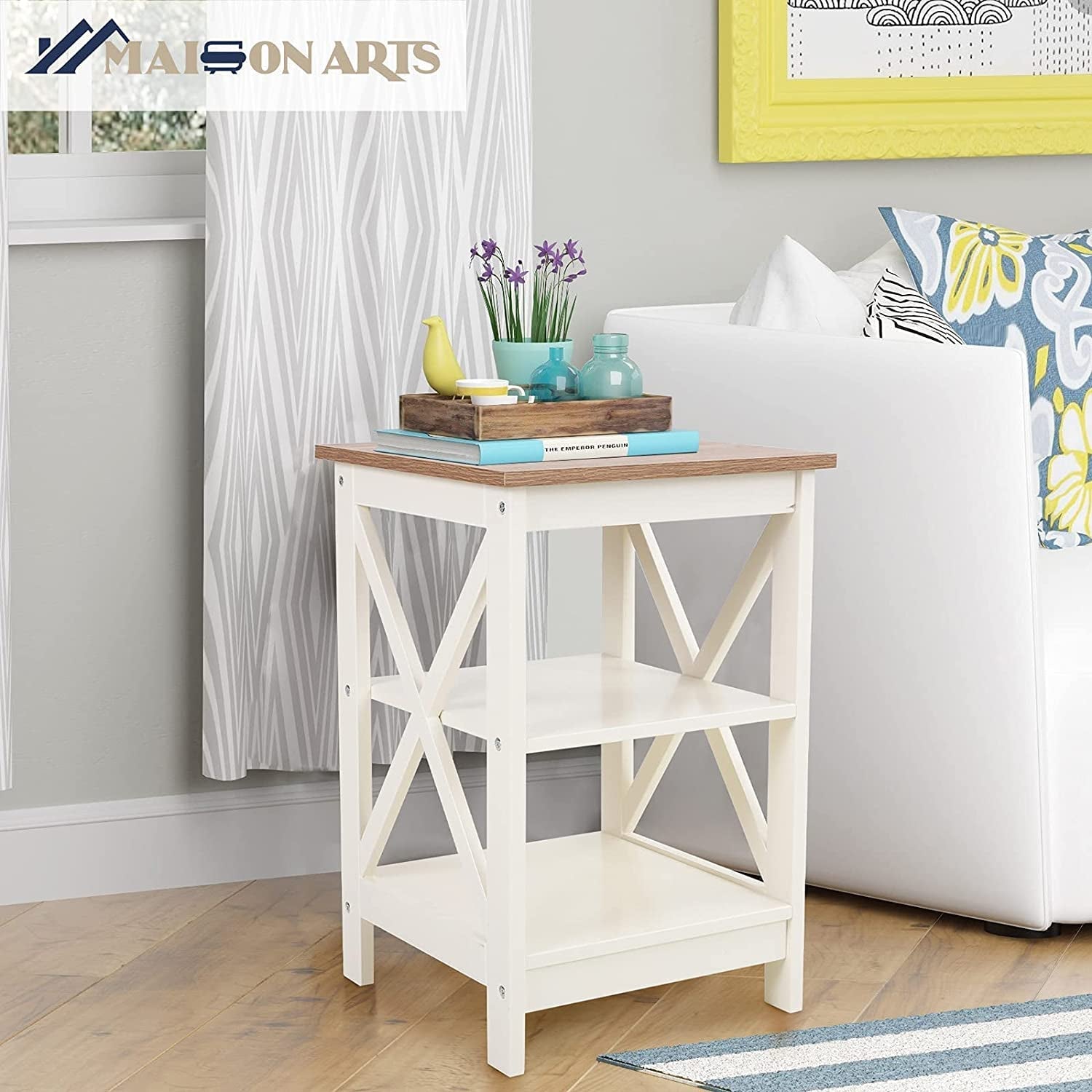 Rustic Ivory End Table Set Of 2 With Shelves 23.6 Inch