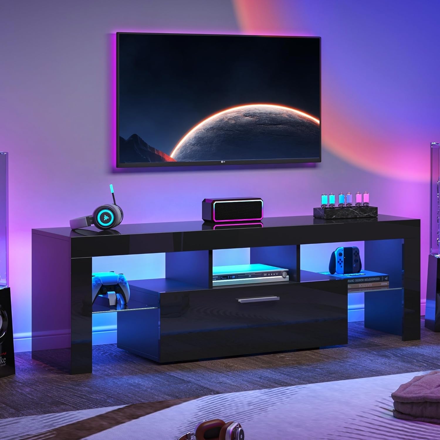 Black LED TV Stand with Large Storage Drawer for 32 40 50 55 Inch Tvs,