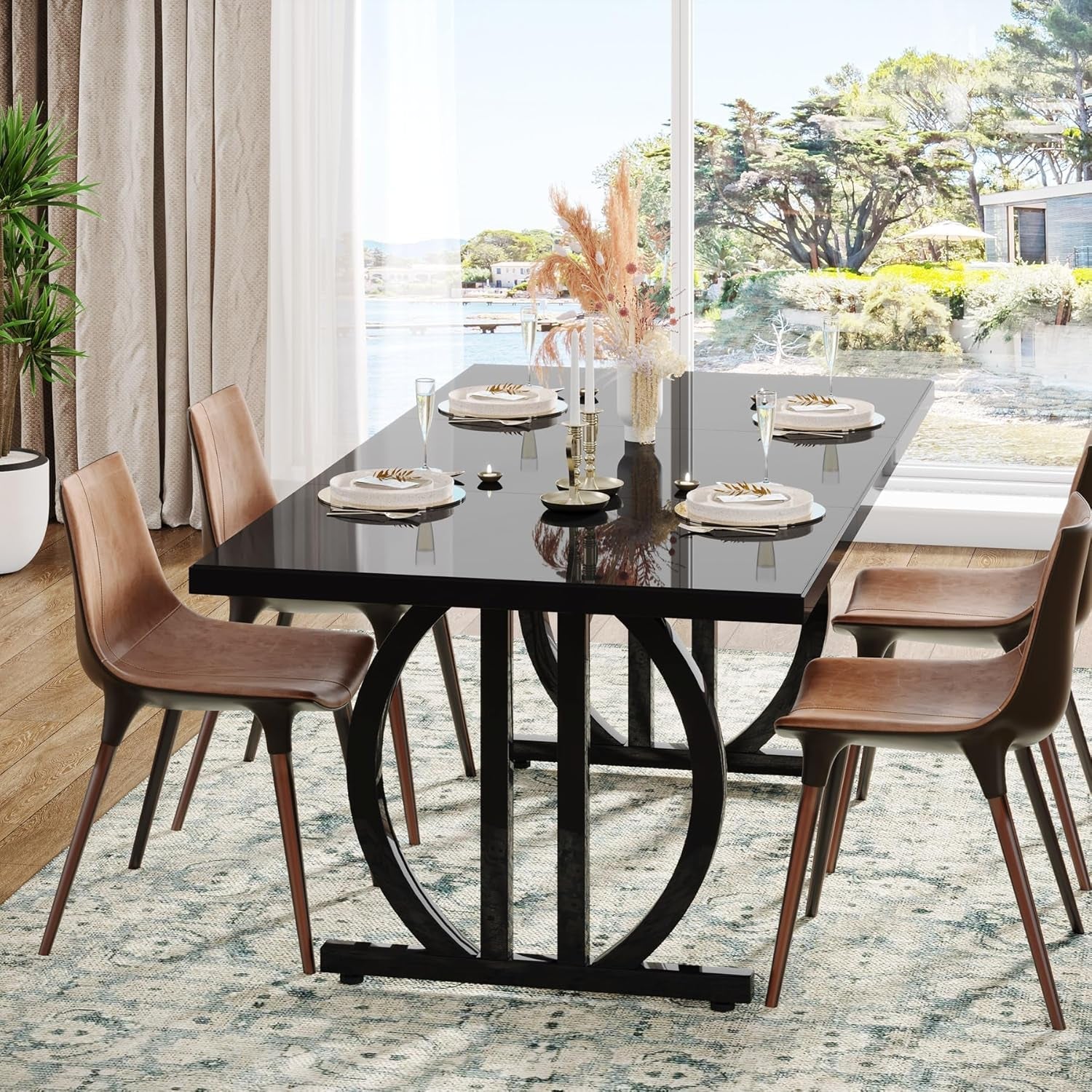 Black 63 Inch Rectangular Dining Table With Thickened Top