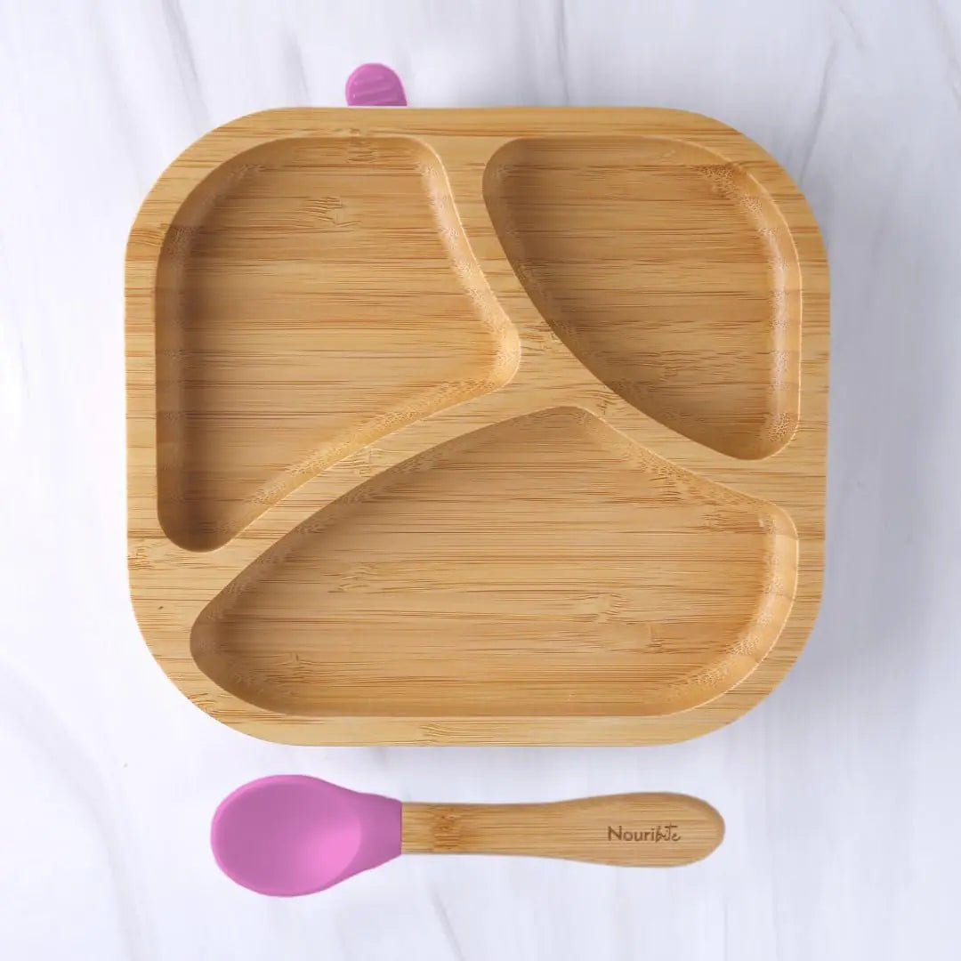 Nouribite Bamboo Suction Square Divided Plate and Spoon Set for Baby/Toddler 6 months+ (Pink)